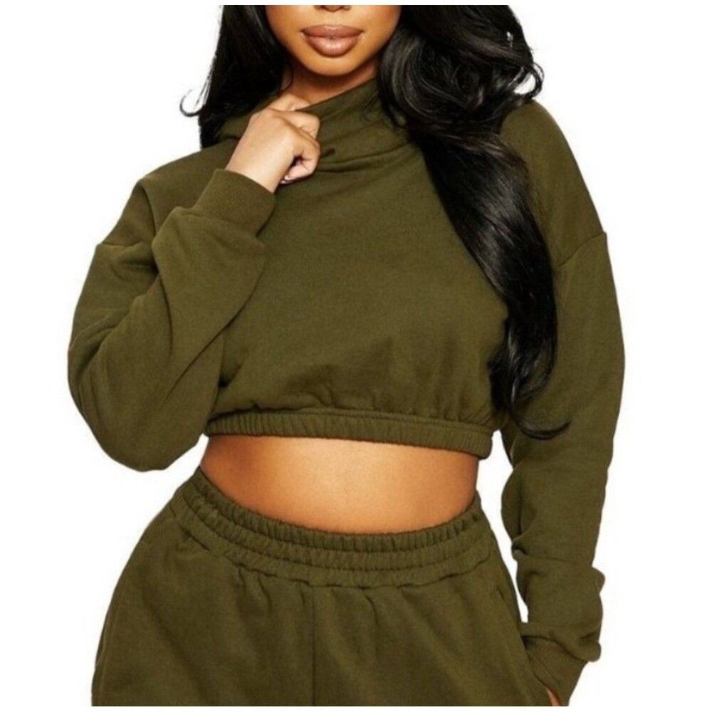 Naked Wardrobe NEW Women XS Olive Green Crop Long Sleeve Sweatshirt Hoodie